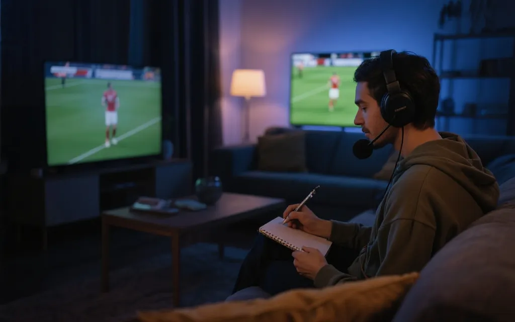 夜晚客厅里，球迷戴耳机听音频并在笔记本上记录观点，旁边屏幕播放比赛回放